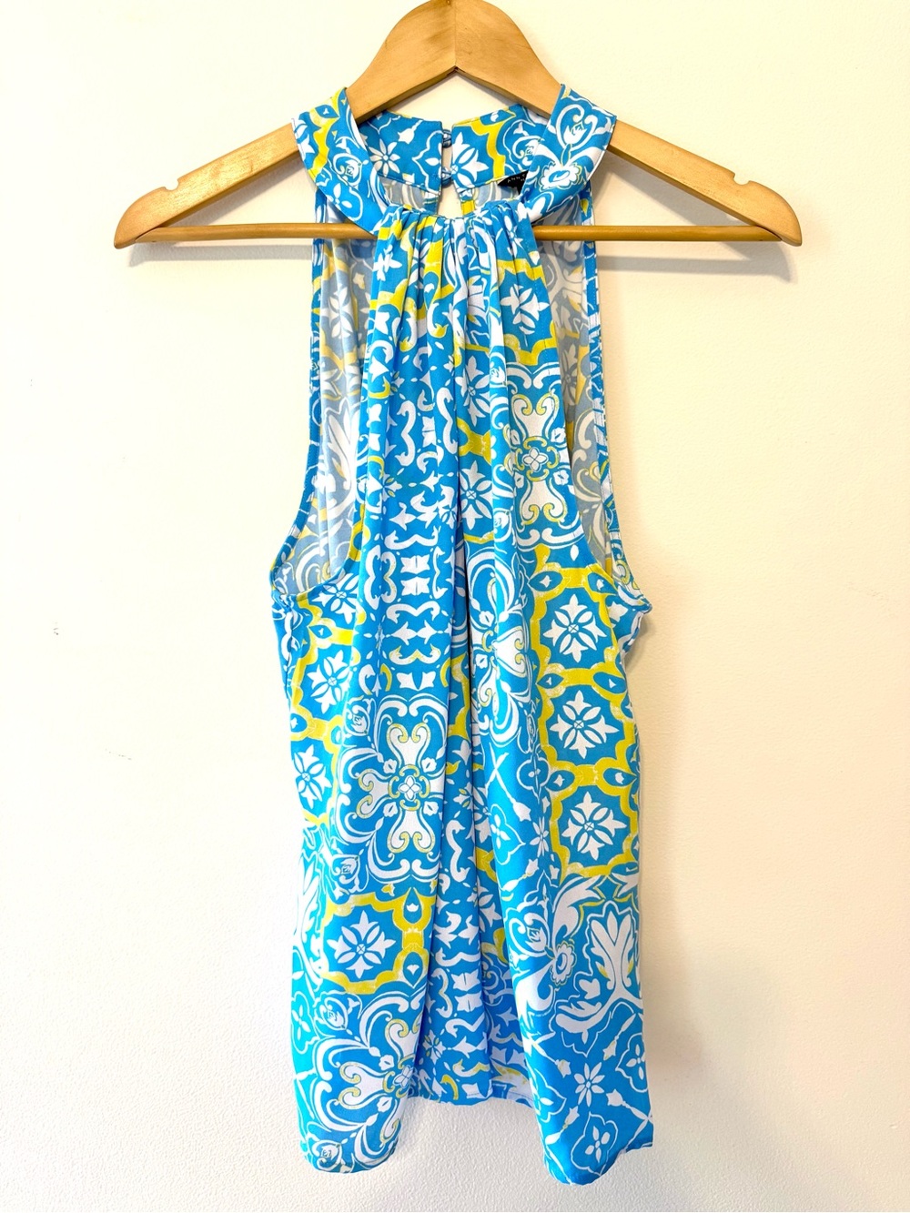 Ann Taylor Blue Yellow Tile Halter Top Blouse Petite Large Amalfi Resort Cruise - Picture 12 of 13